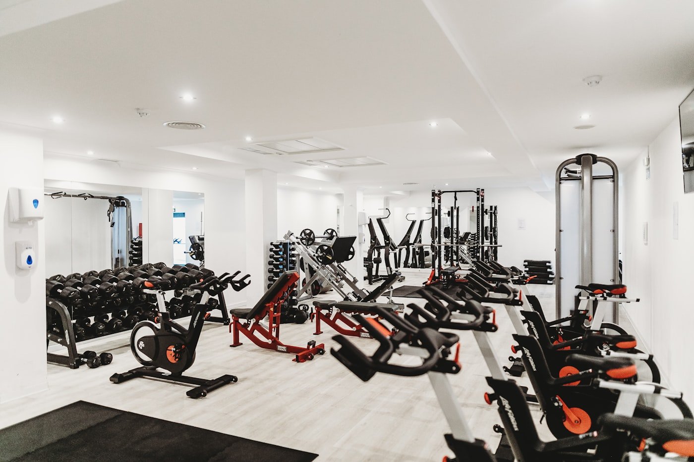 Indoor cycling studio set up for a conditioning class
